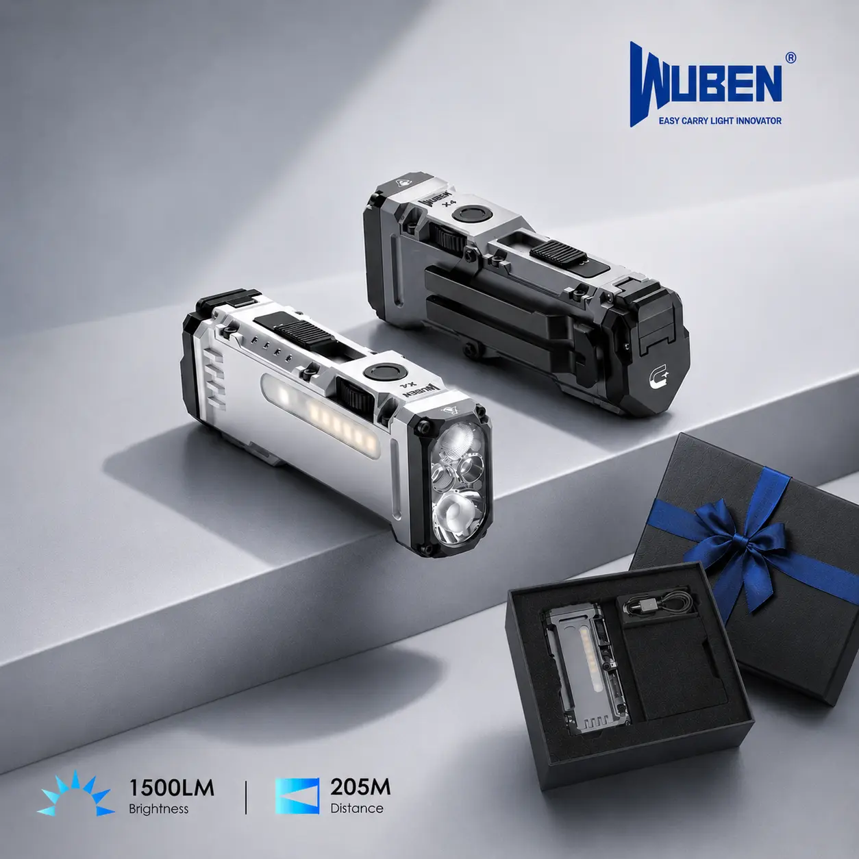 WUBEN X4 High Lumen Rechargeable LED Flashlight - 1500 Lumens Multi-Function Flat Flashlight, RGB Mood Light, Side Camping Lamp, Instant-On Tail Switch, USB-C Charging, IP68 Waterproof, Portable Pocket Clip, Batteries Included, Father's Day Gift for Men