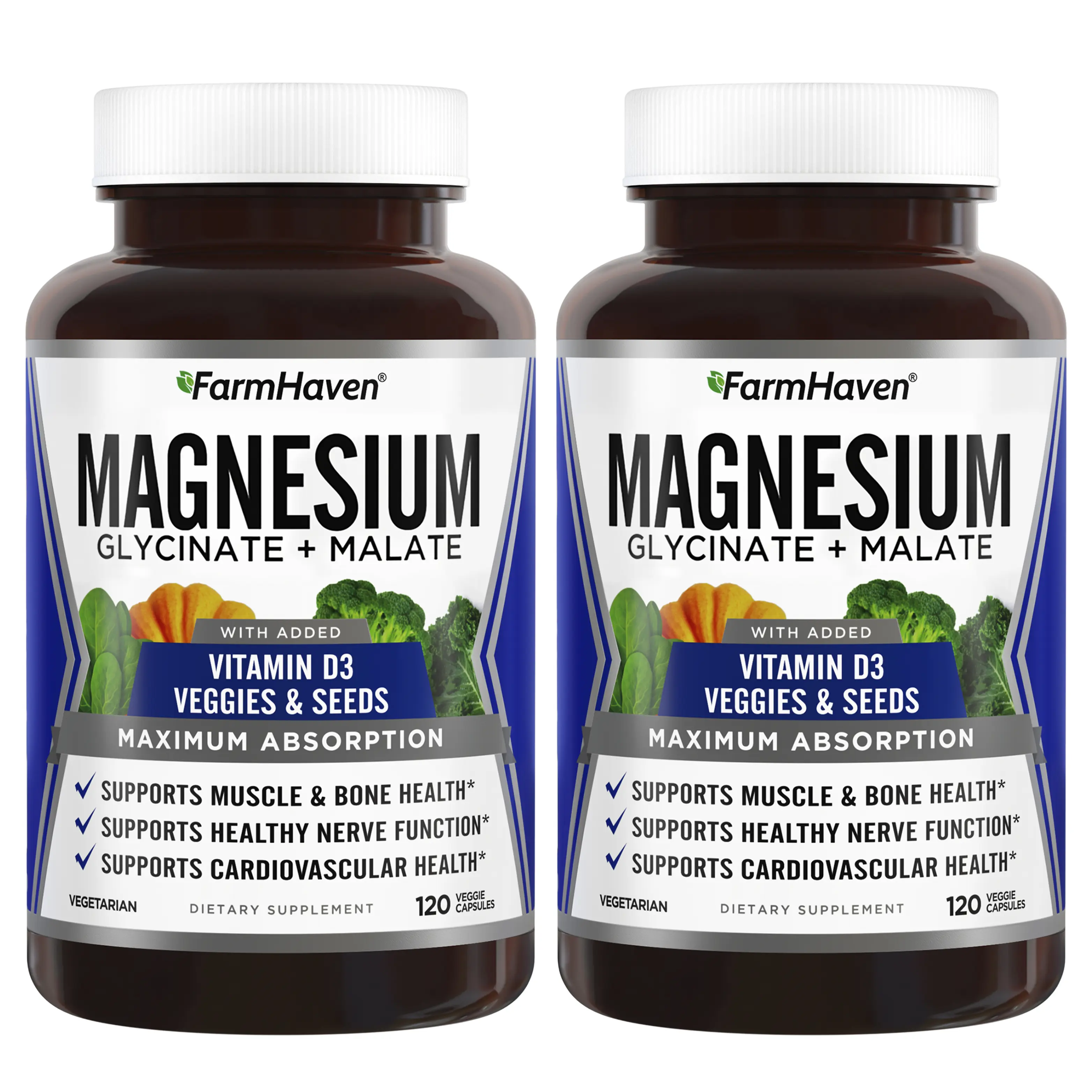 FarmHaven Magnesium Glycinate & Malate Complex w/Vitamin D3, 100% Chelated for Max Absorption, Vegetarian – Bone Health, Nerves, Muscles, 240 Capsules, 120 Days Supplement Fitness Dietary Healthcare Edible Healthy