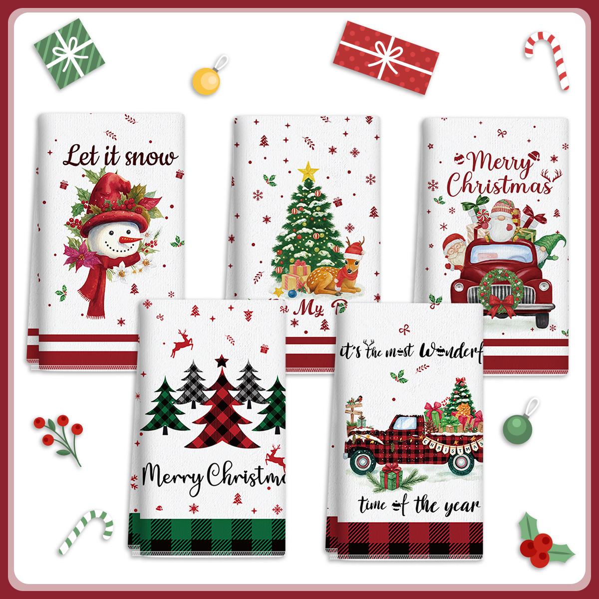 5pcs Christmas Kitchen Towel Dish Towels and Dishcloths Merry Christmas Tree Reindeer Truck Santa Claus Cartoon Design 15 x 23 Inch Holiday Home Indoor Bathroom Party Noel Decorations Hand Towels Gift Supplies