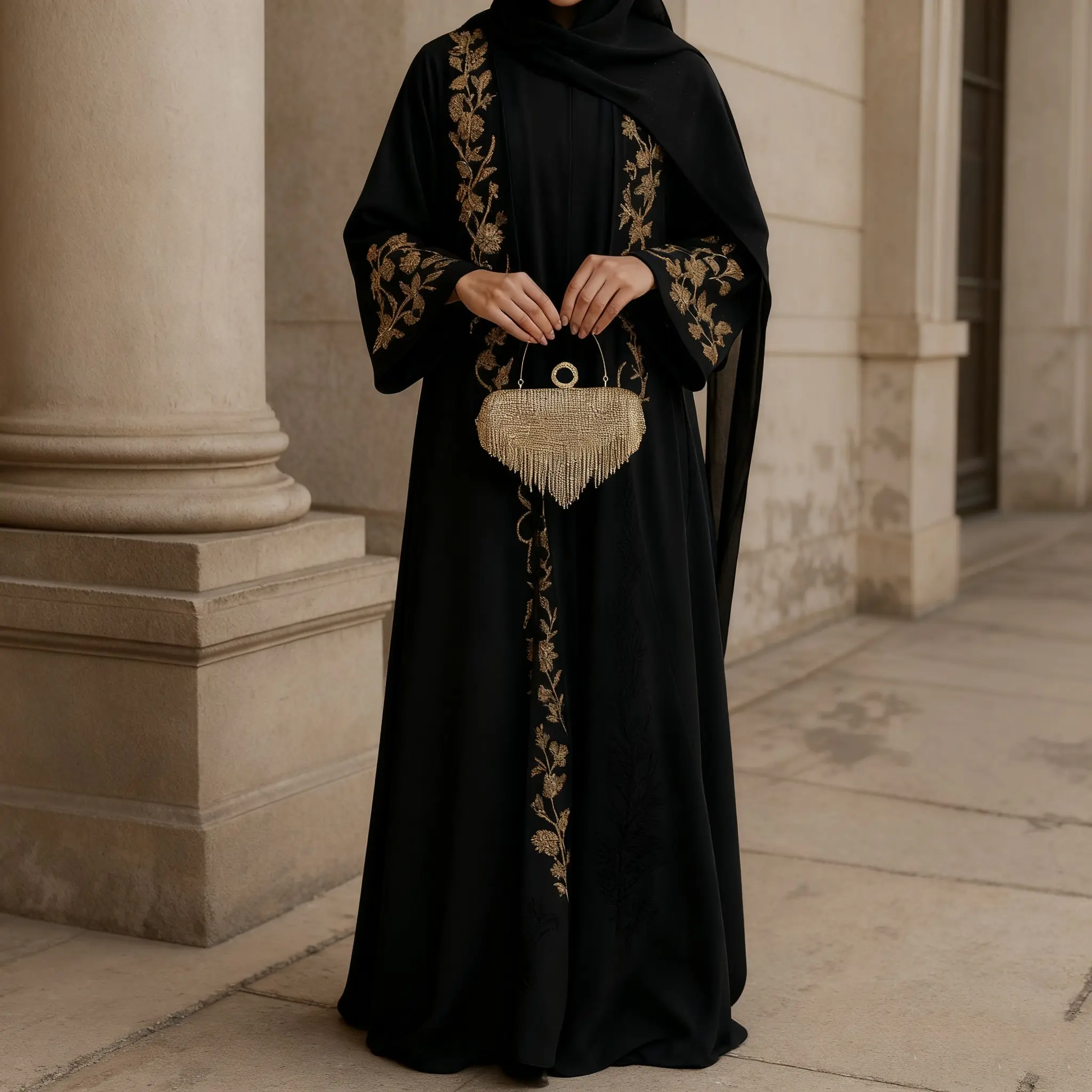 Formal Embroidered Abaya Set, 3-Piece Elegant Crepe Muslim Dress with Open Front Abaya, Inner Dress, and Hijab for Weddings, Islamic Modesty Clothes, Muslim Abaya