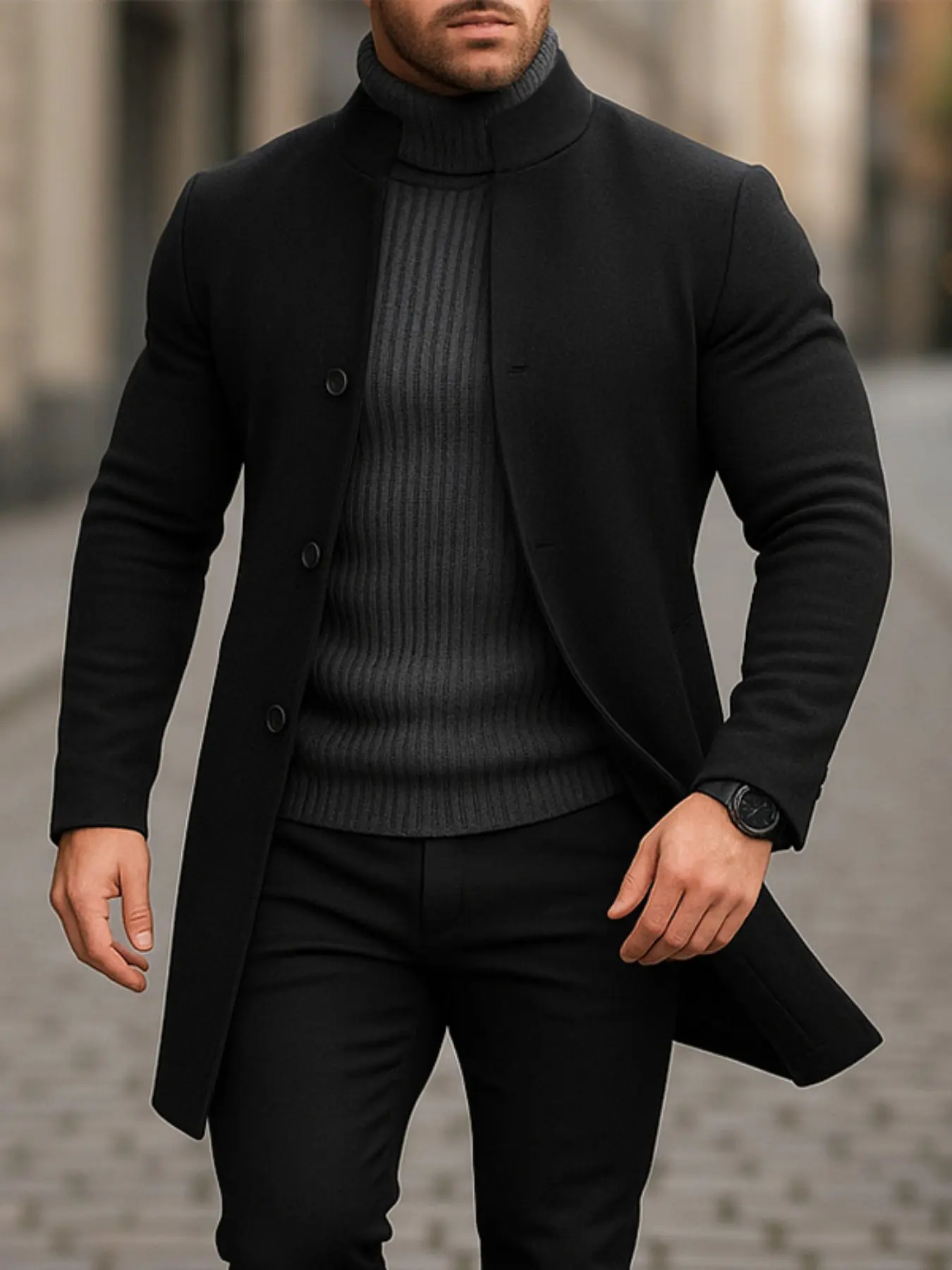 Men's Solid Button-Front Stand Collar Coat, Collared Coat, Solid Trench Coat, Formal Overcoat, Regular Fit Casual Long Sleeve Outerwear Coats for Fall & Winter, Men's Clothes for Daily Wear, Solid Color Overcoat, Formal Attire