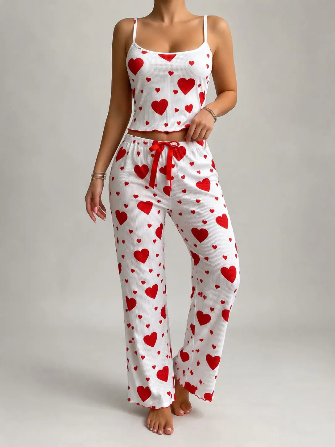Women's Red Heart Print Pajama Set, 2-Piece Ribbed Cami Top & Long Pants, Valentine's Sleepwear Lounge Set