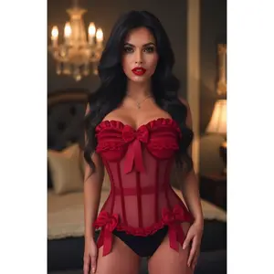Top Drawer Steel Boned Dark Red Mesh & Velvet Underwire Bustier Corset