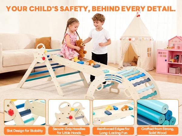 Pikler Triangle Set, Toddler Climbing Toys and Play Structure Indoor, 9-in-1 Wooden Montessori Climbing Set with Arch, Ramp and Ladder, Foldable Baby Jungle Gym, Blue