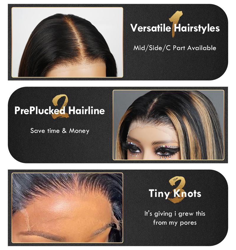 QUANDIAN FB/27 Balayage Highlight Lace Front Wig Human Hair Pre Plucked 210% Density 13x6 HD Lace Virgin Human Hair Body Wave Ombre Wig Springtok