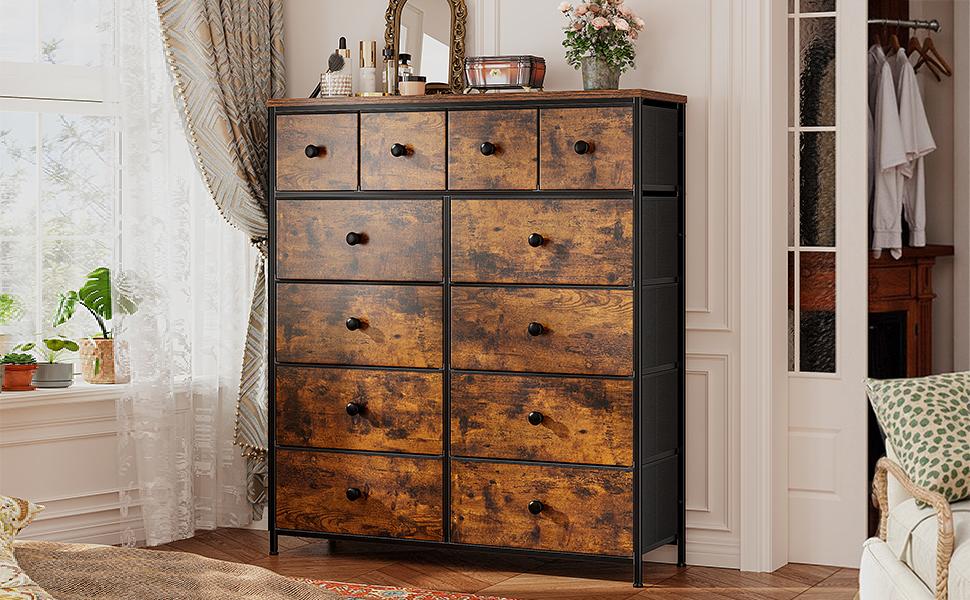 Raybee Furniture 12 Drawers Dressers, Wood Top & Metal Frame, Tall Fabric Dressers for Bedroom, Living Room, Hallway, Closet