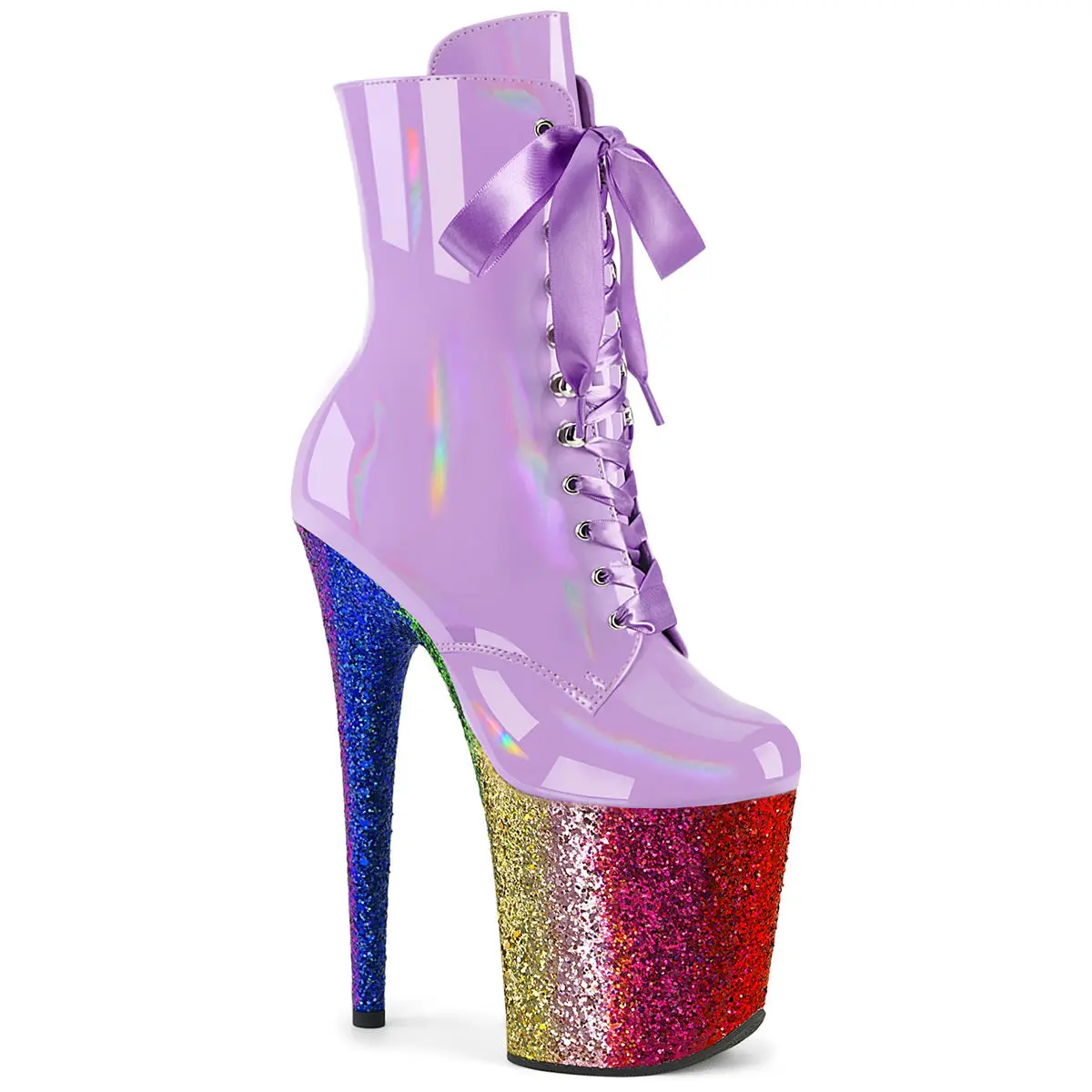 Women's Lace-Up Ankle Boot in Lavender Holographic Patent with 8" Heel, 4" Rainbow Glitter Platform and Inside Zip