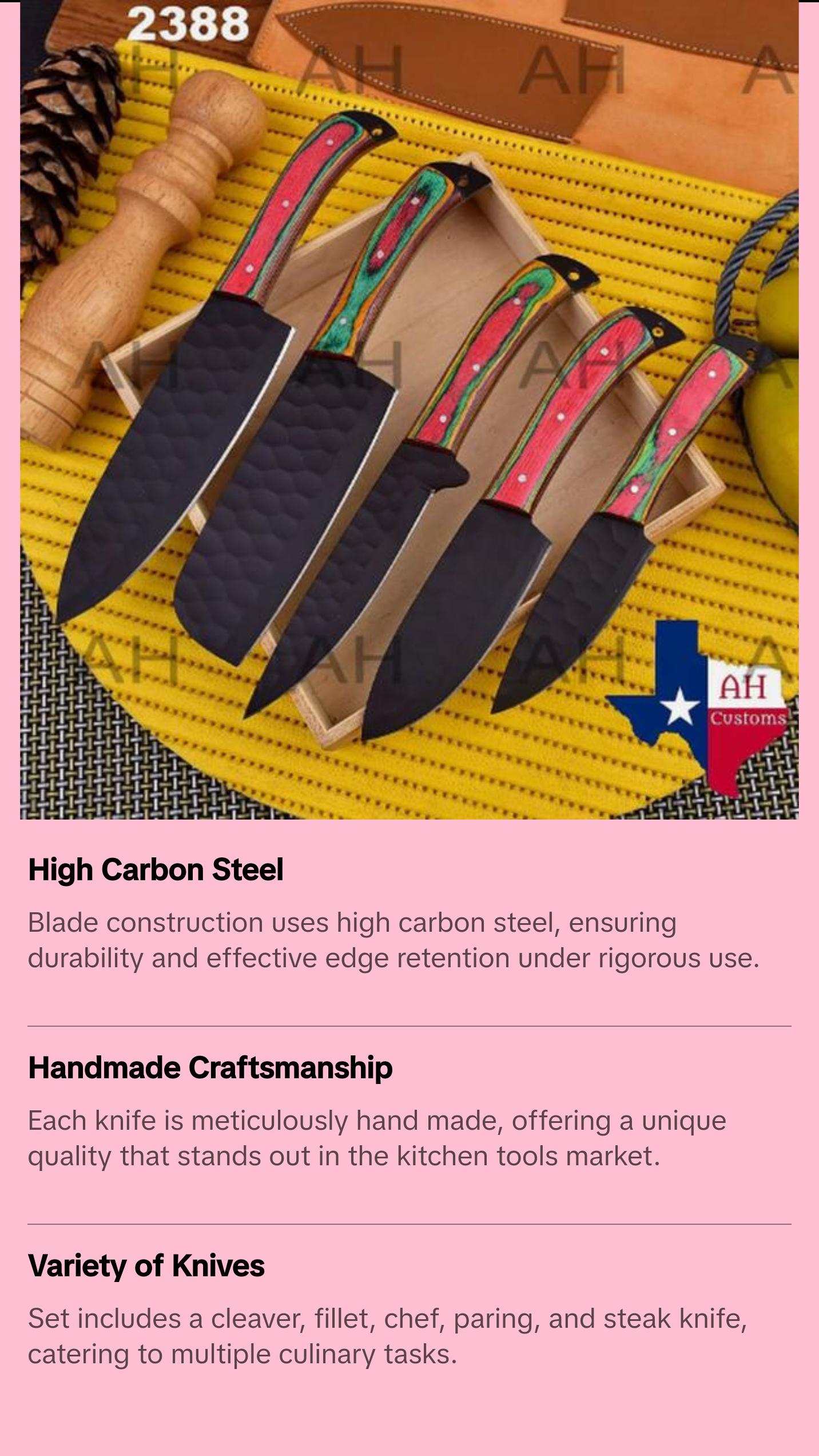 5 Piece Kitchen Knife Set, Chef Knife Set, Black Kitchen Knife Set Sharp Meat Knives Multi Color Wood Handle, Chef's Knife, Meat Cleaver,Rainbow Kitchen Knives, Paring Knife, Sturdy Wooden Handle. Sharp Blade. 2388 Steel Steak Knife Block Block