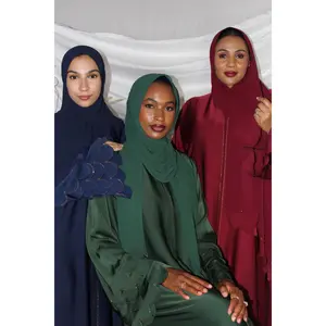 Ashwaq Abaya with Gold Stones - TikTok Fabric, Scalloped Tiered Edging, Gold Rhinestones, Bell-Style Sleeves, Matching Chiffon Hijab, Elegant & Modest Design