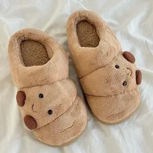 Cute Croissant Cotton Slippers Warm Soft Memory Foam Thick Sole Non‑Slip Indoor Home Shoes for Women Men Cozy Fuzzy Flip Flops Family Matching Footwear