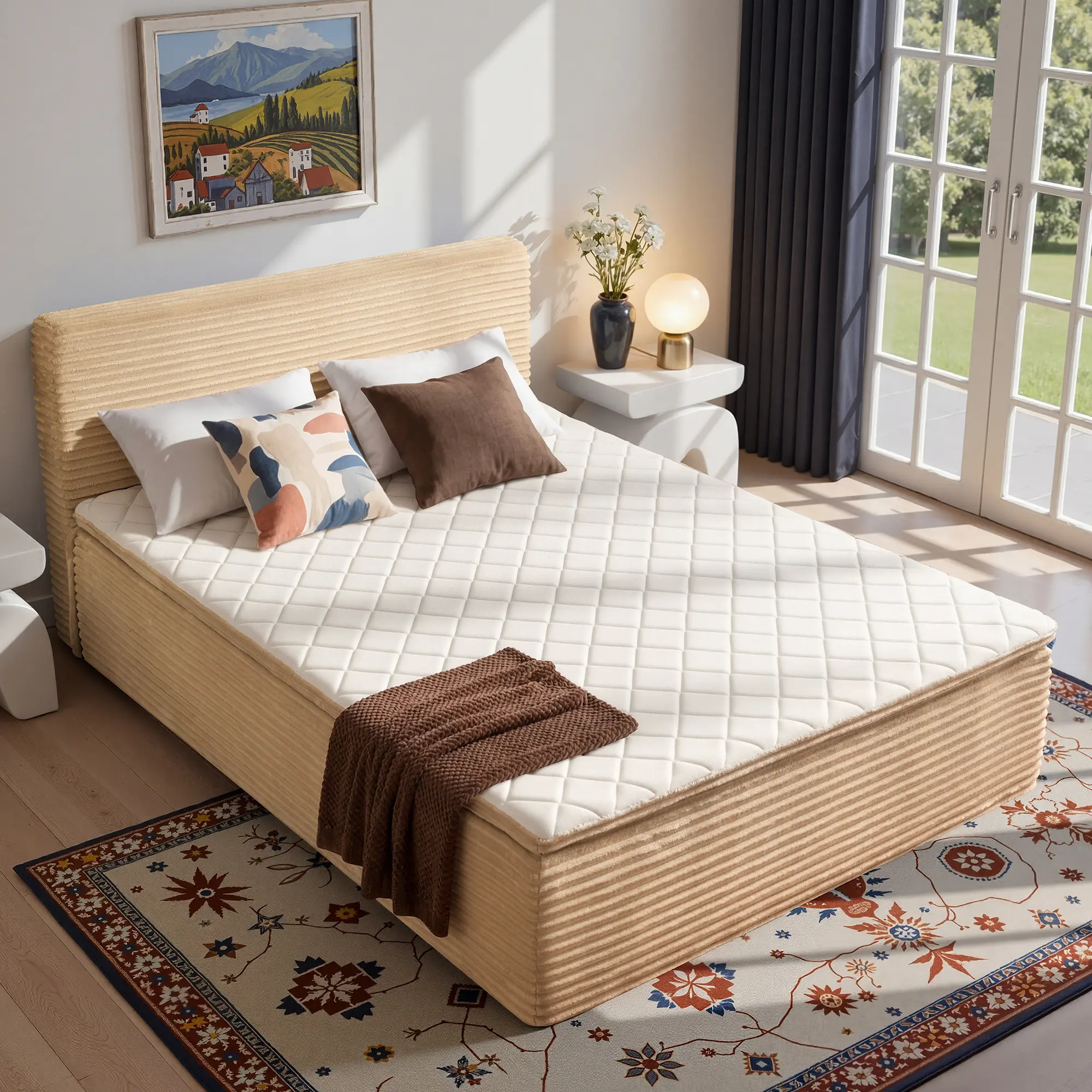 CAODOC Boneless Bed 2-In-1 Integrated Mattress Bed,Memory Foam Medium Firm Mattress, Complete Platform Floor Bed with Headboard, Pressure Relief, No Assembly Required, All-in-One Bed