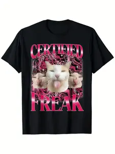 Funny Quirky Cat Meme Tshirt Vibrant Pink Graphic Design Short Sleeves Machine Washable Durable Material Round Neck Casual Sports Shirt for Teens Adults All Seasons