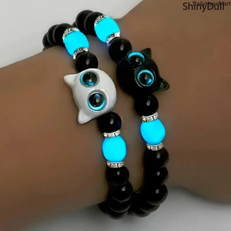 Cute Cat Bracelet Set - 2-Piece Funky Glow-in-the-Dark Resin Beaded Stretchable Accessories for Women, Playful Casual Festival Jewelry, Cute Accessories for Friend Gifting, Resin PVC Beaded Basic Birthday Piece