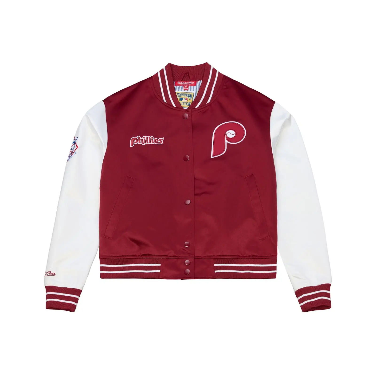 Mitchell & Ness Women's Philadelphia Phillies Burgundy Satin Floral Graphic Cropped Full-Snap Jacket - Regular Fit, Casual Style