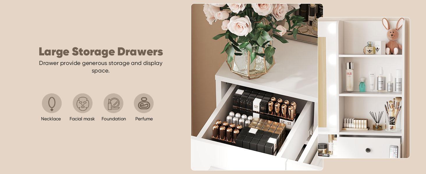 Vanity Desk with Adjustable Lighten Mirror & Power Outlet, Makeup Desk for Bedroom with a Storage Stool and 3 Drawers, 6 Storage Shelves, White Dresser for Girls