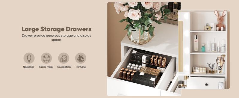 Vanity Desk with Adjustable Lighten Mirror & Power Outlet, Makeup Desk for Bedroom with a Storage Stool and 3 Drawers, 6 Storage Shelves, White Dresser for Girls