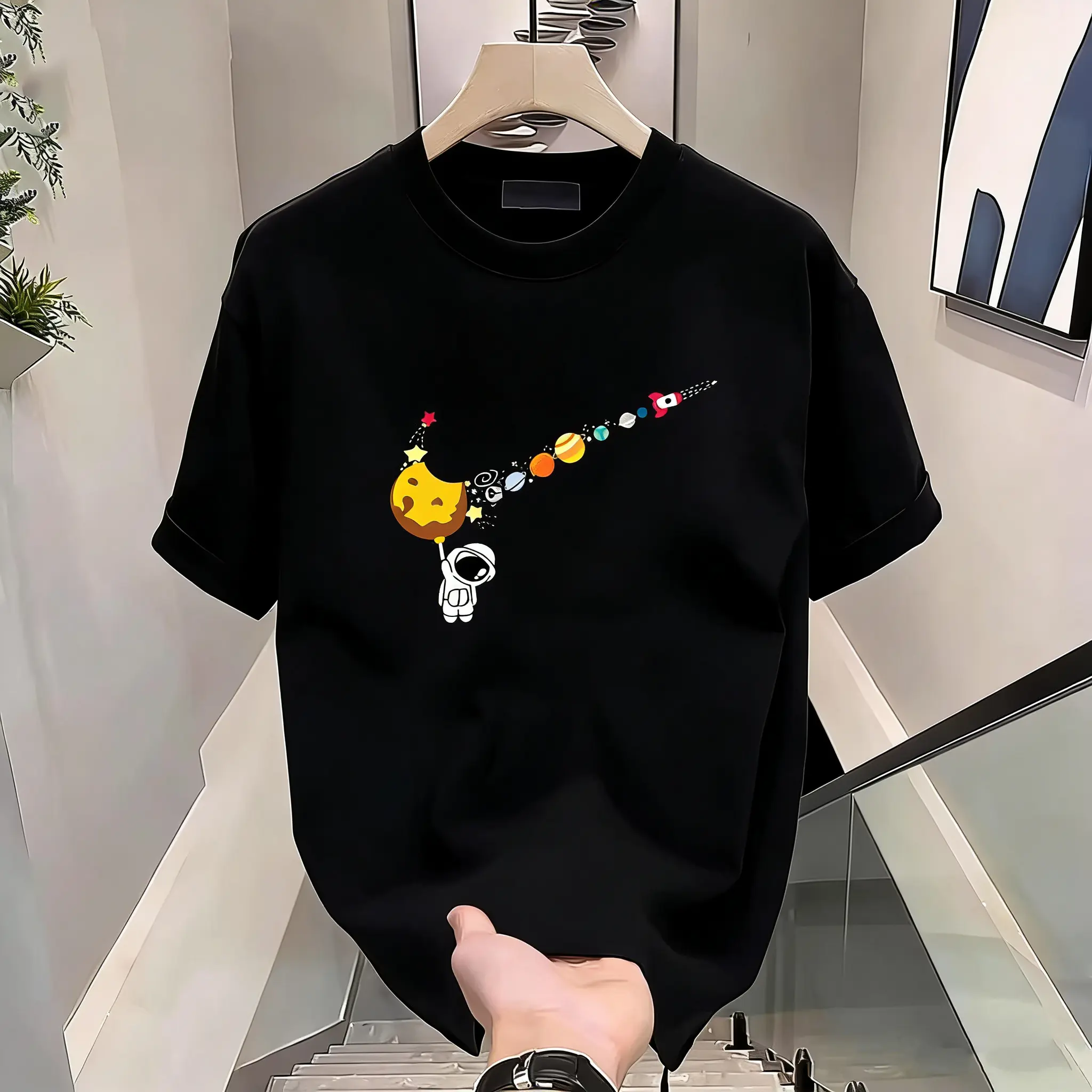 Men's Shortleeve Cotton Graphic T-Shirt - Astrology-Themed Space Planet Print, Breathable, Machine Washable, Unisex, Ideal for Summer Casual Wear (Men's T Shirts with Cotton Fabric), Streetwear, Garment