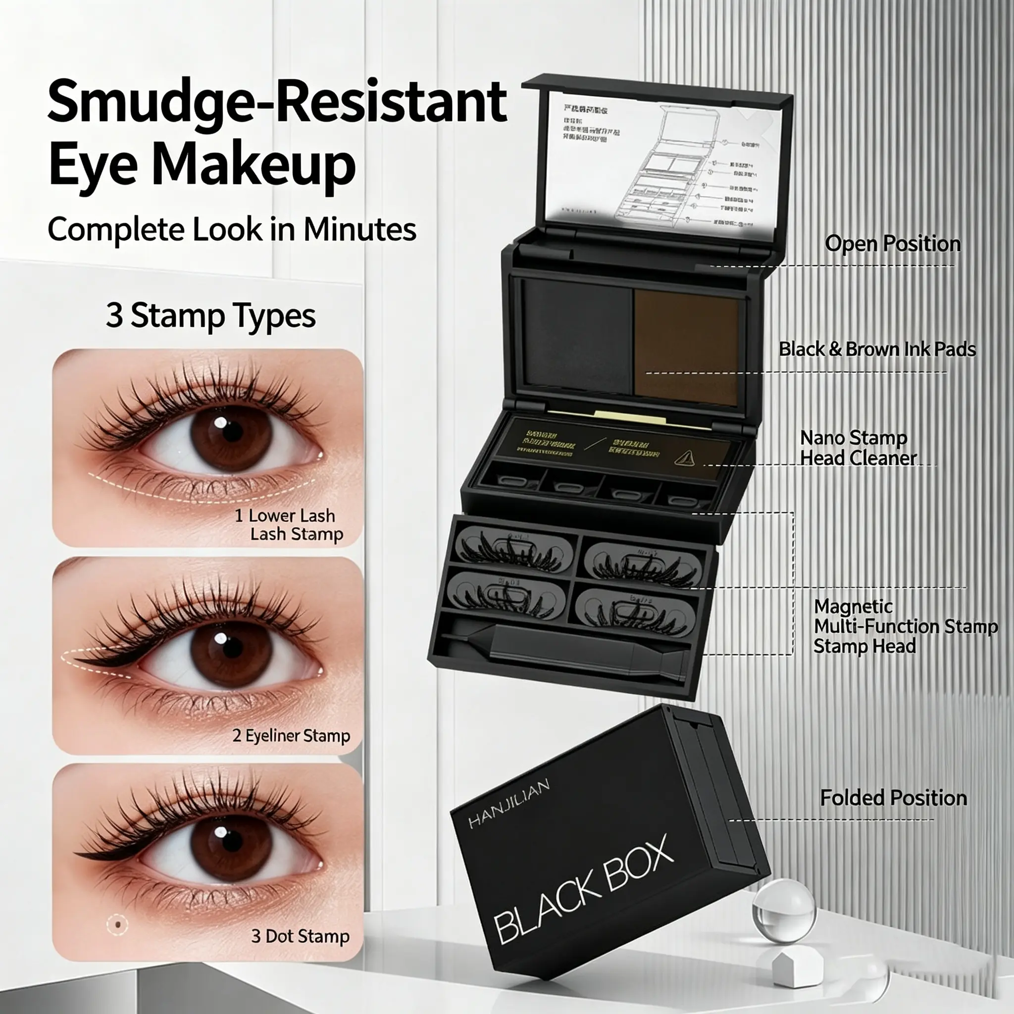 HANJILIAN 3 in 1 Eyeliner Stamp Kit Black Brown Waterproof Winged Eyeliner Stamp Lower Lash Stamp Beauty Mark Dot Stamp Makeup Tool for Easy Eye Makeup