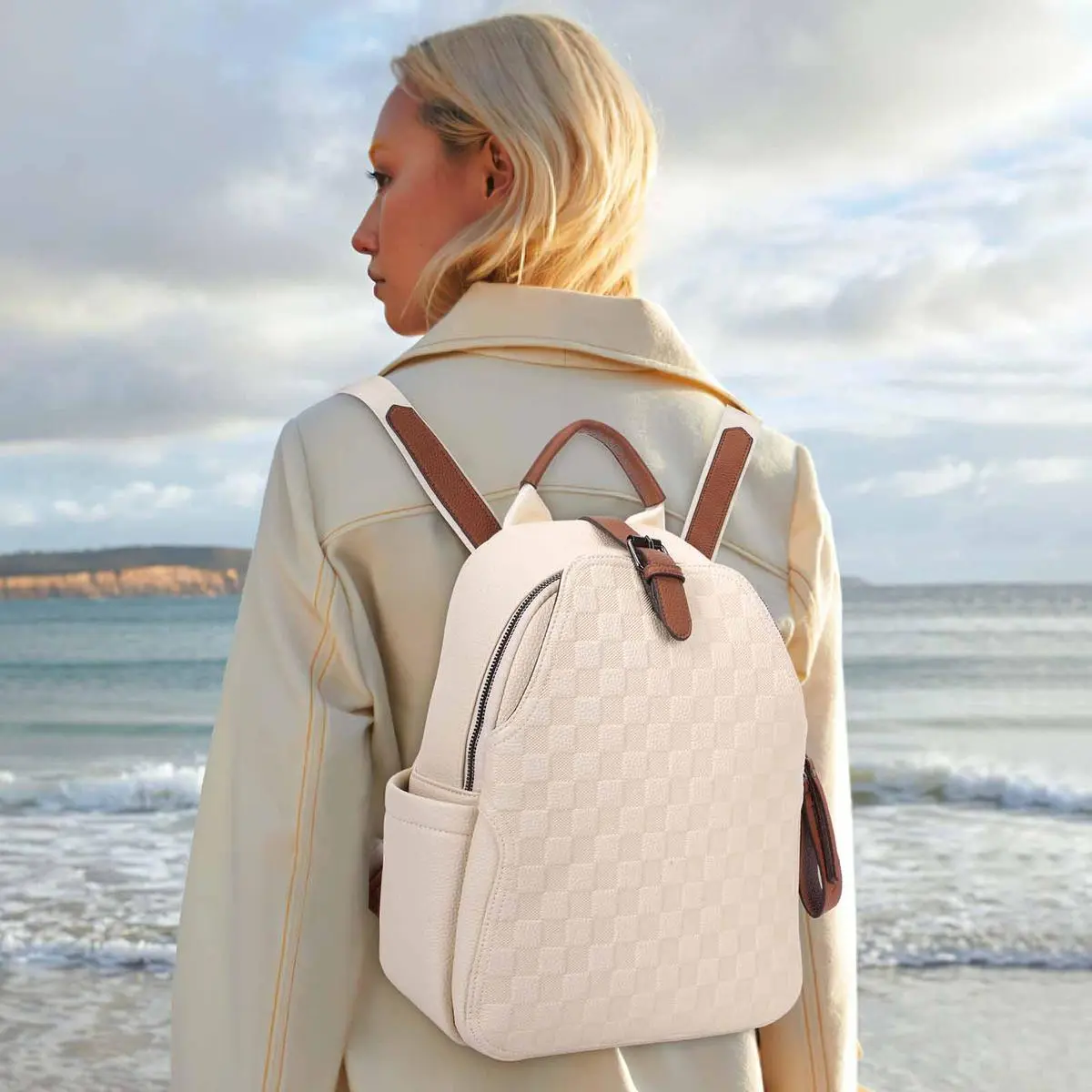 Women Leather Backpack Purse, Checkered Embossed Faux Leather Mini Backpack with Brown Contrast Trim, Convertible Shoulder Handbag Casual Daypack for Travel Shopping Daily Use