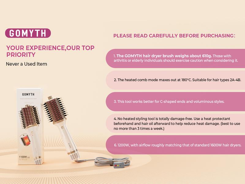 GOMYTH V1 Upgraded 4-in-1 Blow Dryer Brush with Heated Comb - Volumizer Hair Dryer Brush for Hair Drying & Styling, Salon Blowouts, Frizz-Free Shiny Hair, Reduced Heat Damage, Suitable for All Hair Types