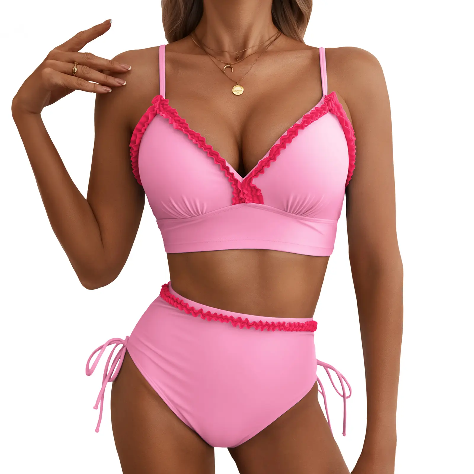 Aleumdr Women’s Two-Piece High-Waist Bikini Set — Ruffle Trim, Adjustable Straps, Tummy-Control Swimwear, Beach Bathing Suit SwimWeek Vacationoutfits Summerstyle