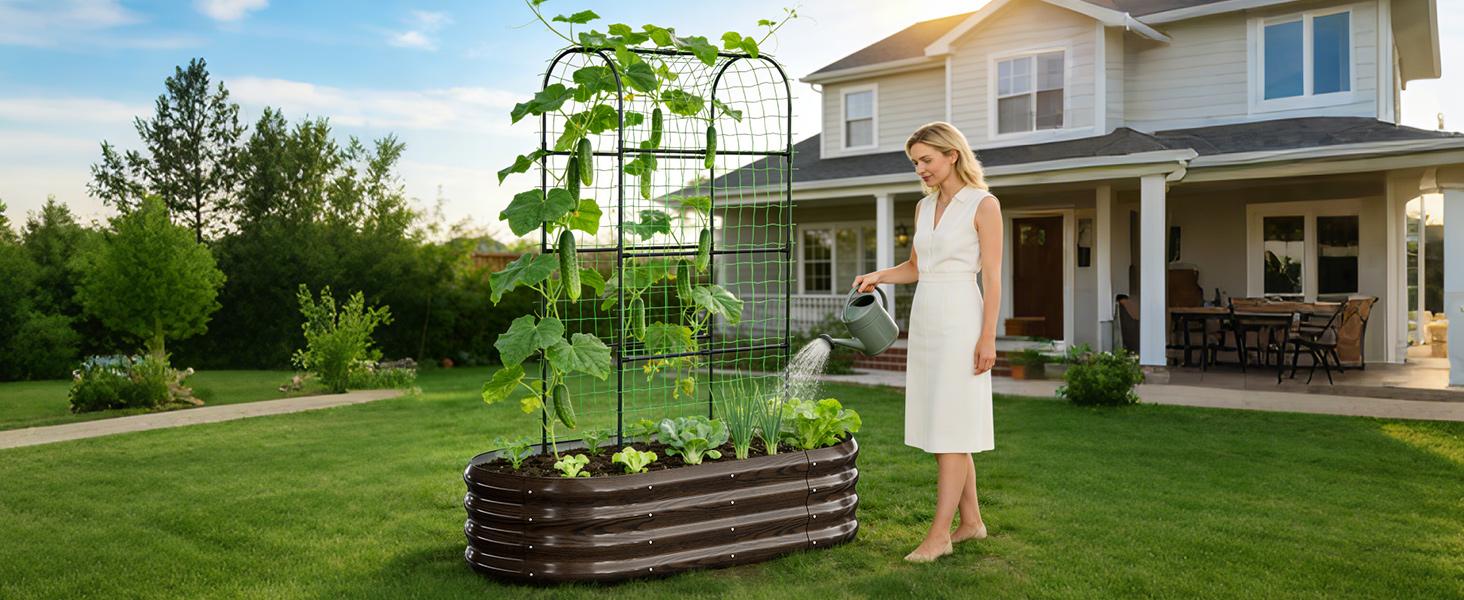 Lilypelle 2-in-1 Galvanized Raised Garden Bed with 71" Arch Trellis for Climbing Plants – Outdoor Planter Box for Flowers, Vegetables, Fruits, Herbs