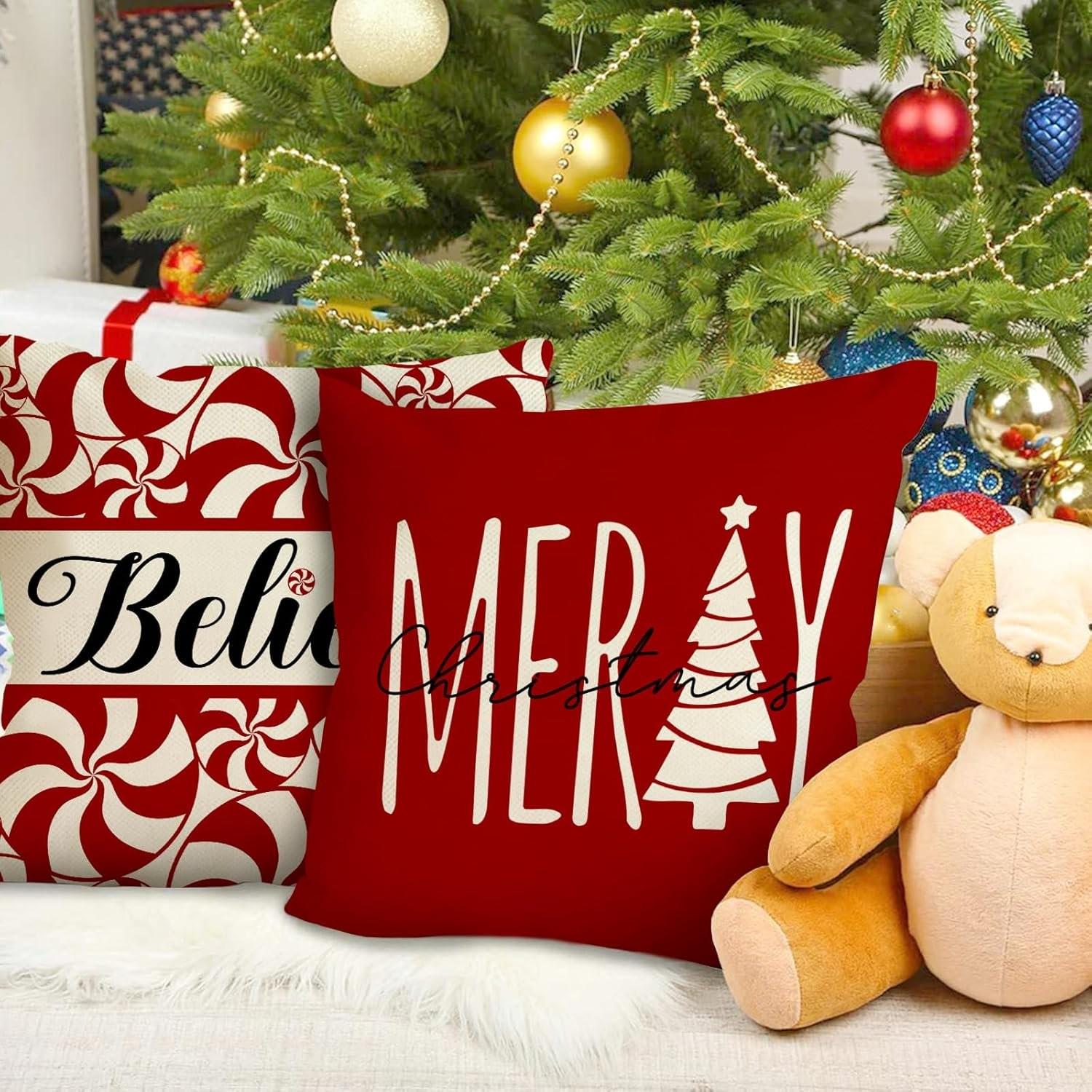 【FaddishDeal】4Pcs-Christmas Decorative Pillow Set, Red Candy Cane Porch Pillow Cover, Single-Sided Linen Print, Winter Holiday Gift, Cushion Cover Home Decor.excellent gifts for Christmas and new year，Must-buy on Black Friday