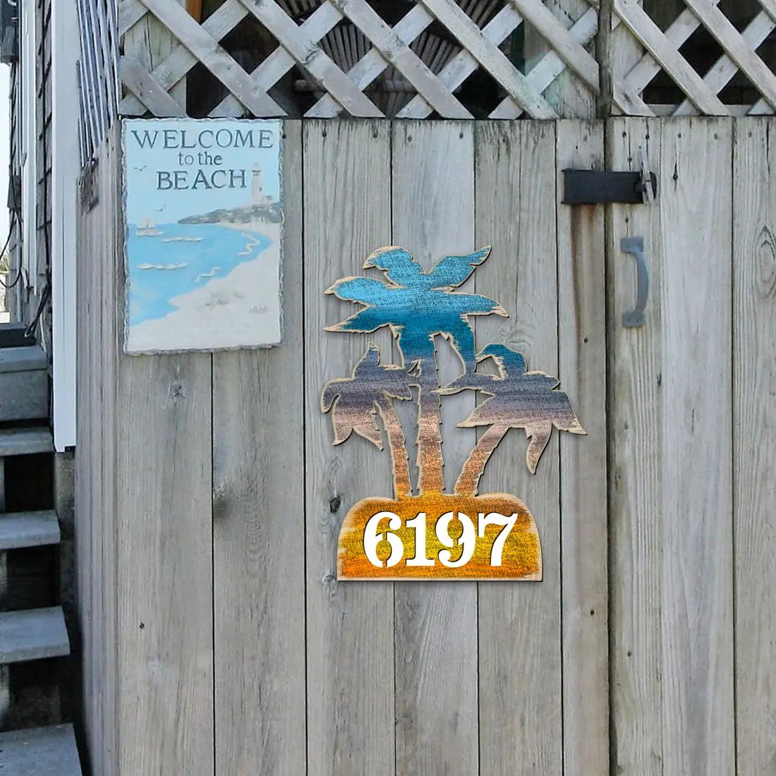 Designocracy MA8198415-12 12in 3D Handmade Wooden Palm Coastal Wall Mount Sign, UV Coated Coastal Decor House Number Plaque, Home Decor Artwork & Gift Item