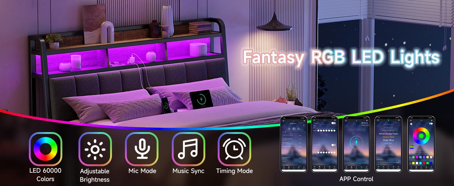 【SPOTLIGHT DAY】ONBRILL Queen/King Size Headboard with 2-Tier Storage, Uphlstered Headboard with LED Light & USB Ports,【HeadBoardOnly】, Height Adjustable, Sturdy and Stable
