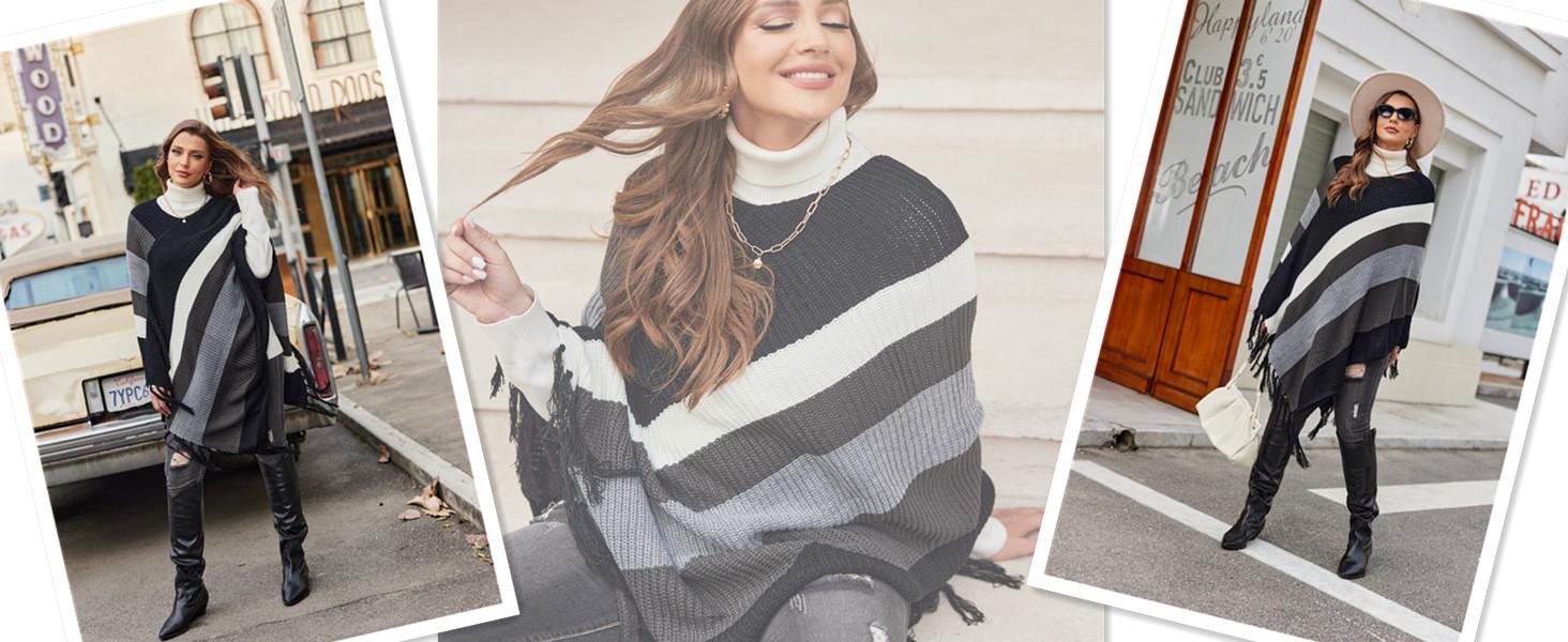 IN'VOLAND Women's Knitted Shawl Poncho with Fringed Capelet V-Neck Striped Sweater Pullover Cape Strapless