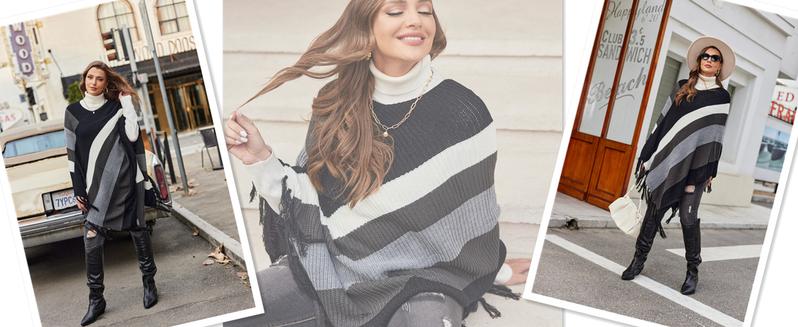 IN'VOLAND Women's Knitted Shawl Poncho with Fringed Capelet V-Neck Striped Sweater Pullover Cape Strapless IN'VOLAND Women's Knitted Shawl Poncho with Fringed Capelet V-Neck Striped Sweater Pullover Cape Strapless