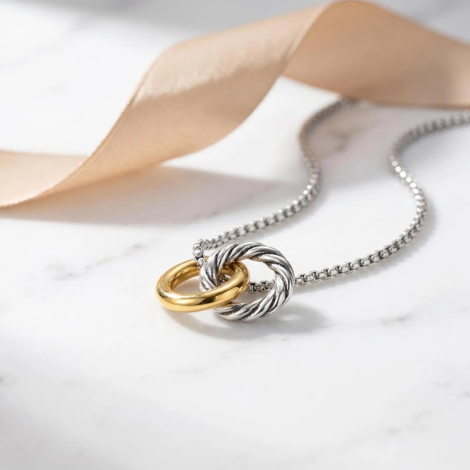 S925 Sterling Silver Color-Separation Double Ring Fine Chain Classical Artificial Gemstone Necklaces & Pendants - Unisex Adult Elegant Trendy Neutral Jewelry, Wonderful Necklace, All-Season Women's Accessory