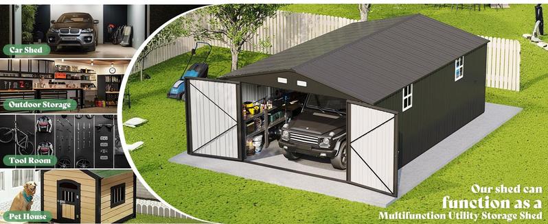 AMERLIFE Outdoor Storage Shed, Huge Metal Garage Shed with 2 Double Hinged Doors and 4 Windows, Carport for Car, Truck, Bike, Garbage Can and Lawnmower, Dark Grey/Best Gift Ideas/Christmas Gifts
