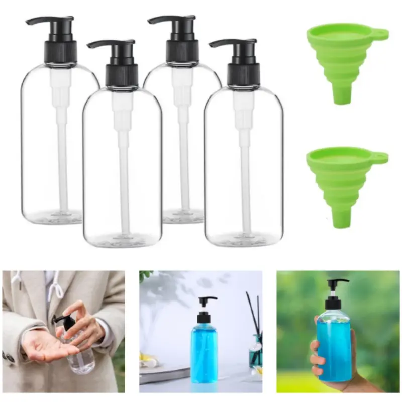 4 Pack Refillable Soap Dispensers, 16.9oz/500ml Transparent PET Plastic Pump Bottles with 2 Funnels for Lotion, Shampoo, and Soap in Kitchen or Bathroom, Dispenser, Set, Portable Atomizer Travel & Perfume Bottle