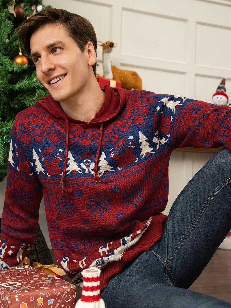 Men's Christmas Hooded Sweater with Snowflake & Reindeer Pattern Warm Knit Pullover for Holiday & Winter Wear Green & Red Menswear Festive Crewneck Long Sleeve Top - Casual