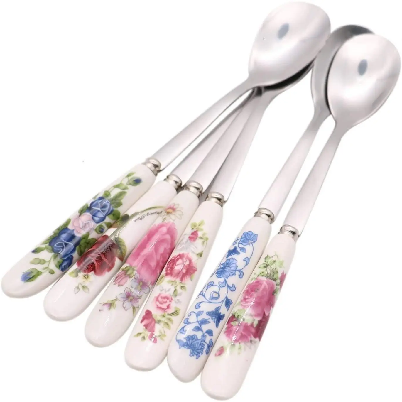 Cool Cook 6 Pack Stainless Steel Coffee Spoon Ceramic Handle Teaspoon Sugar Ice Cream Desert Spoon Stirring Soup Tableware