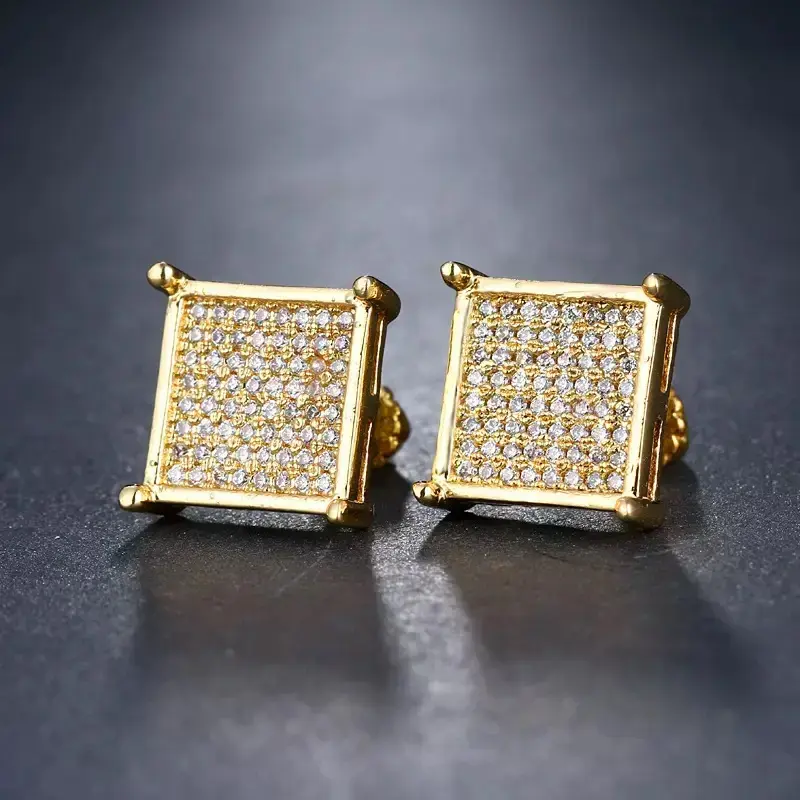 Gold-Plated Square Pavé Stud Earrings for Men, Unisex Hip-Hop Style Iced Out Jewelry with Zirconia, Hypoallergenic for Daily Wear, Square Style Earrings, Men's Earrings