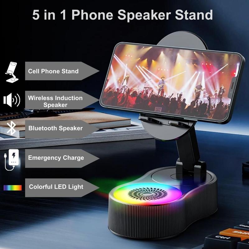 Wireless Induction Audio Bluetooth Speaker 5in1 Phone Holder Emergency Rechargeable 3000mAh with Colorful Ambient Light 300° Foldable for Tablets iPhone Android Stereo Charging Compact Device Adjustable Aesthetic bluetooth speakers Usb Smartphone Gadget