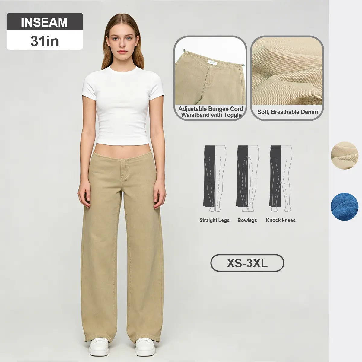 Pwest NYC Adjustable Low-Rise Wide-Leg Jeans for Women —  Adjustable Drawstring Waistband/Hem, Versatile Pants, Relaxed Straight Cut, Soft Daily Wear-Spring Summer Bottom