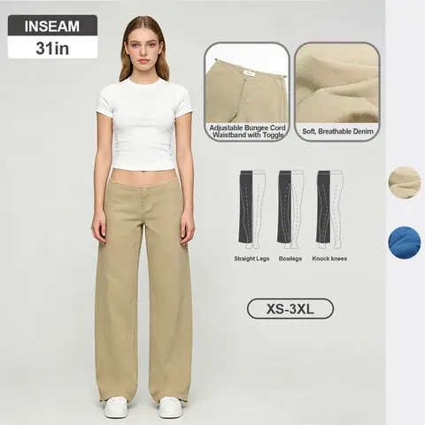 Pwest NYC Adjustable Low-Rise Wide-Leg Jeans for Women —  Adjustable Drawstring Waistband/Hem, Versatile Pants, Relaxed Straight Cut, Soft Daily Wear-Spring Summer Bottom
