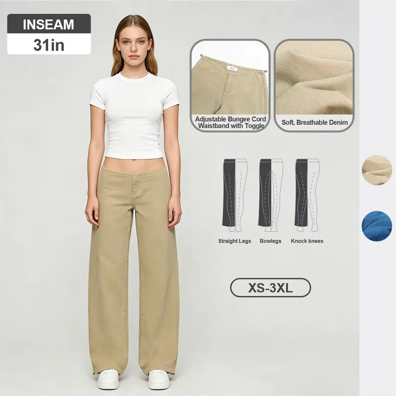 Pwest NYC Adjustable Low-Rise Wide-Leg Jeans for Women — Adjustable Drawstring Waistband/Hem, Versatile Pants, Relaxed Straight Cut, Soft Daily Wear-Spring Summer Bottom
