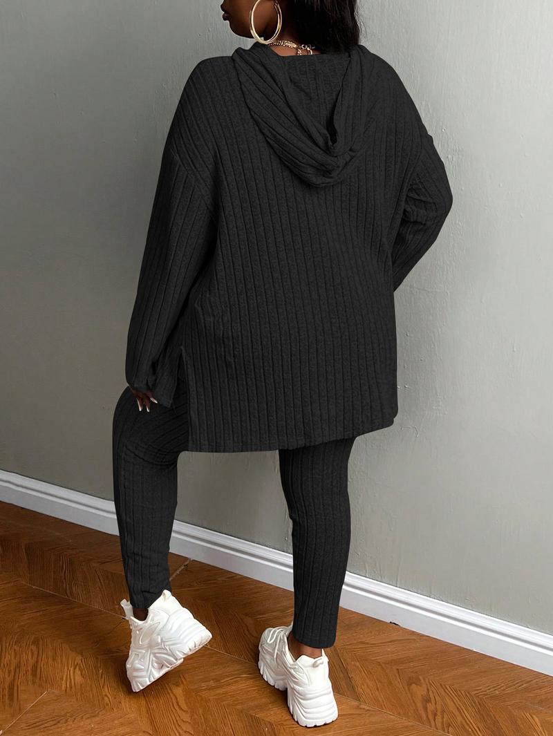USBOUTIQUECHIC Plus Size Women's Solid Textured Ribbed Hoodie & Elastic Waist Pants Set, Casual Cozy Ribbed Knit Outfits for Fall & Winter, Baggy Matching Suits for Daily Wear