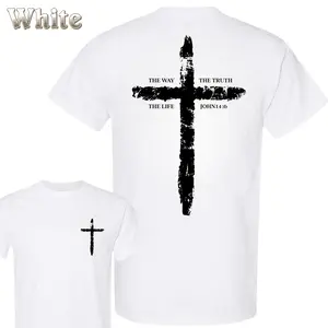 John 14:6 Christian T-Shirt - Distressed Cross Graphic With The Way The Truth The Life Quote , Bible Verse Shirt , Faith Based Religious Tee , Unisex Comfortable Shirt , Daily Wear , Gift For Believers