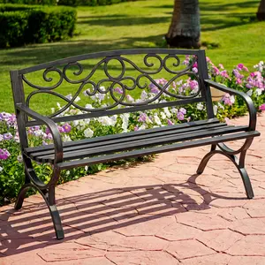 Outdoor Garden Bench, Iron Metal Frame Patio Park Bench with Floral Pattern Backrest, Arch Legs