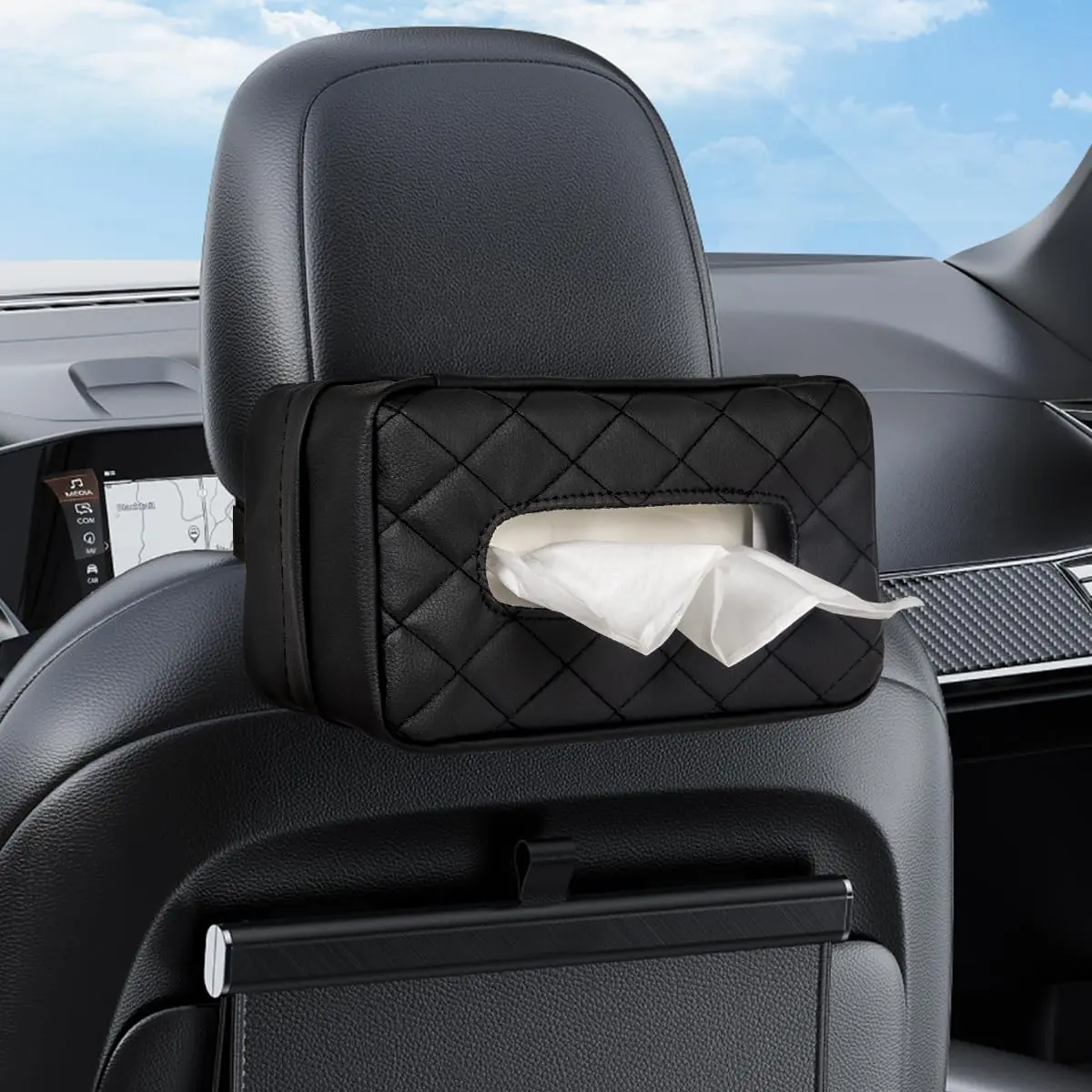 DIBMS Car Tissue Box — Standard PU leather rear-seat tissue holder, extra-large capacity design (holds 120–230 tissues per box), dimensions 9.84 x 4.72 x 5.91 inches, black.