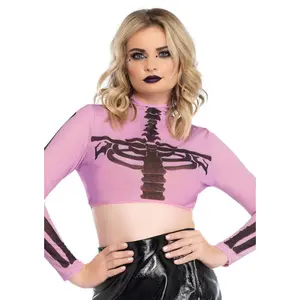 Skeleton High Neck Long Sleeve Mesh Halloween Crop Top