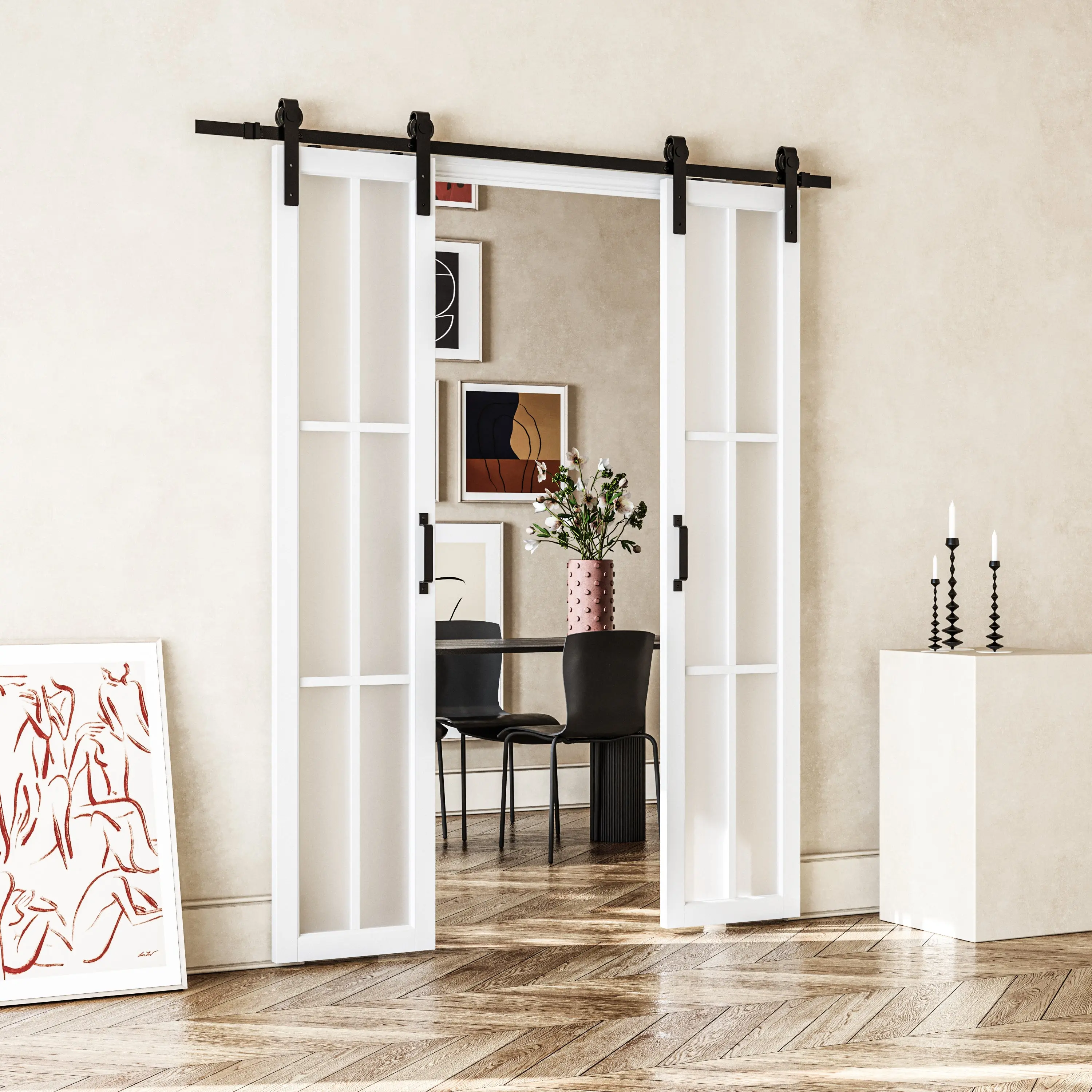 Ark Design Double Sliding Barn Door, 6-Lite Tempered Frosted Glass, Solid Core MDF Wood & PVC Covered Finished, with Hardware Kit & Handle & Floor Guide, White