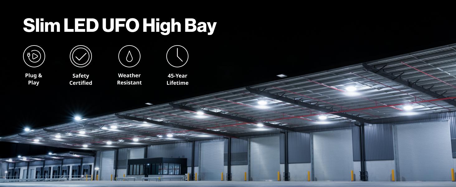 UFO High Bay 150W Plug & Play LED Fixture, 2-Step Install, 19500 Lumens