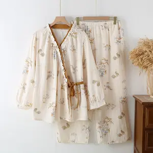 National Style Printing Cotton Spring and Autumn Thin Design Women's Sleepwear Long Sleeved Loose Home Pajamas Set