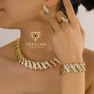 TETECASE 24K Gold Plated Cuban Link Jewelry Set | 4pcs Crystal-Embellished Necklace Bracelet Ring Earrings.